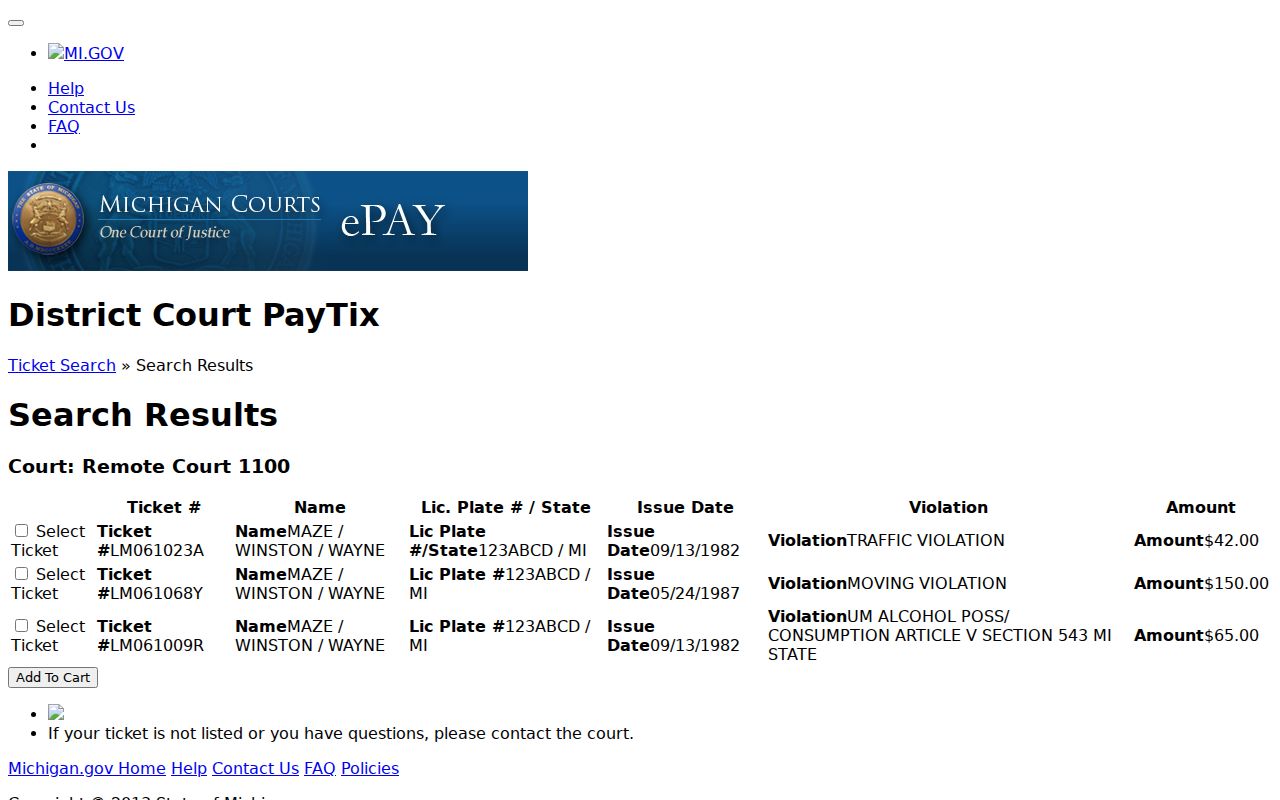 Presque Isle County traffic court records ticket result fields from Michigan PayTix